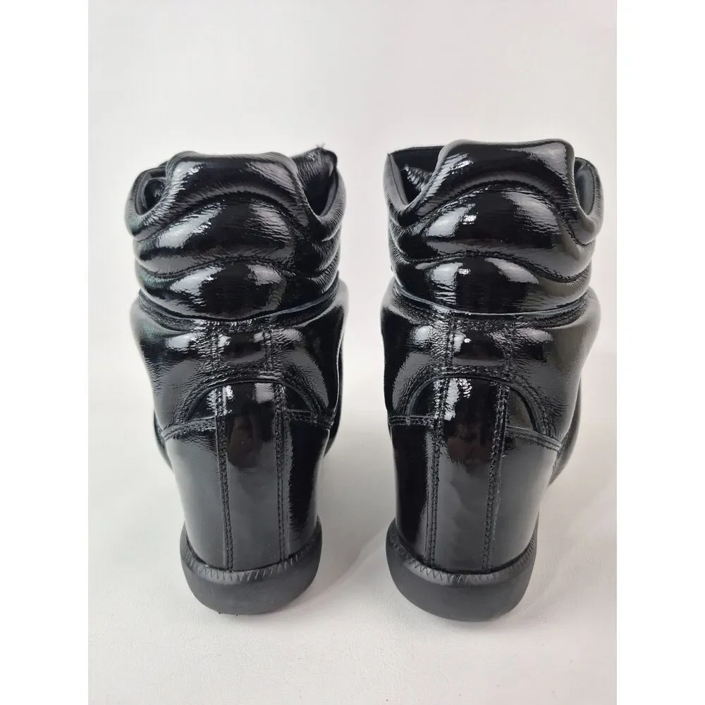 Isabel Marant Black Patent Leather Wedge Sneakers with Silver Accent